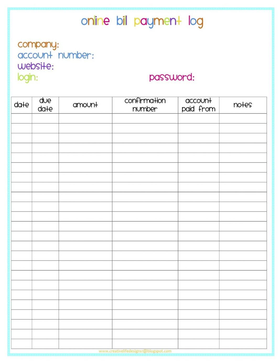 Monthly Bill Payment Log Excel ⋆ Calendar for Planning