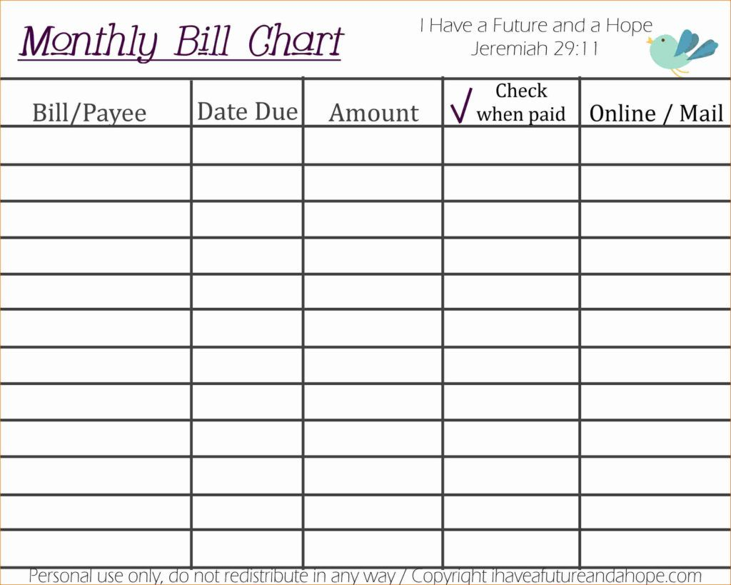 Bill Chart Excel  Bobi.karikaturize with Free Printable Bill Organizer