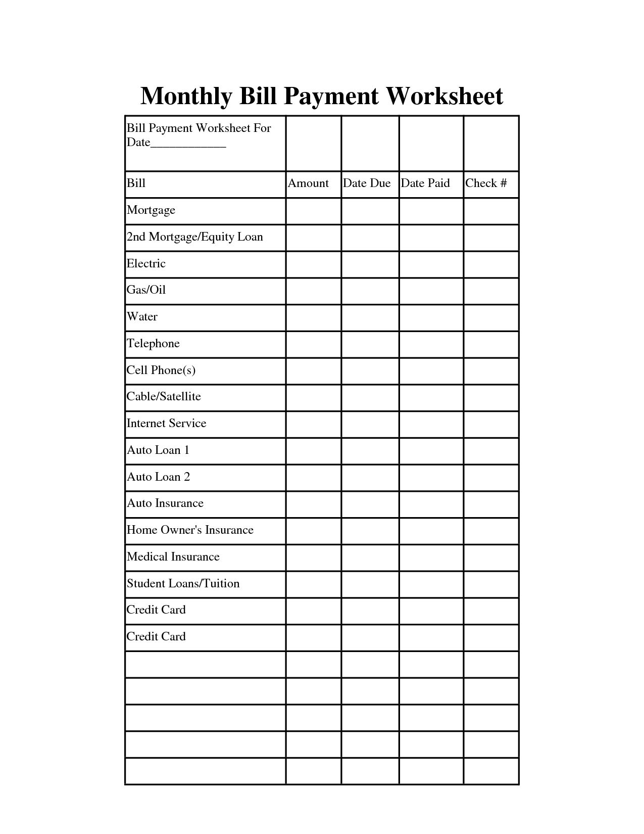 Bill Chart Template  Kubre.euforic.cofree Printable intended for Printable Monthly Bill Chart