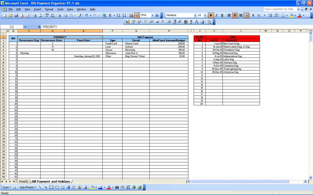 Monthly Bill Organizer Template Excel Calendar For Planning