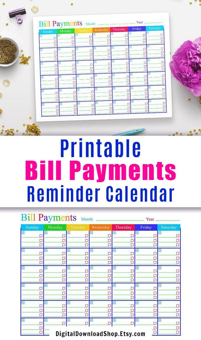 Bill Payments Calendar, Bills Tracker, Bill Calendar, Bills for Printable Monthly Bill Calendar