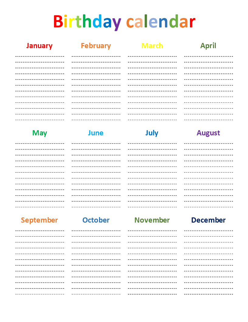 Birthday Calendar Rainbow Color Chart  Download This Free throughout Free Printable Birthday Chart