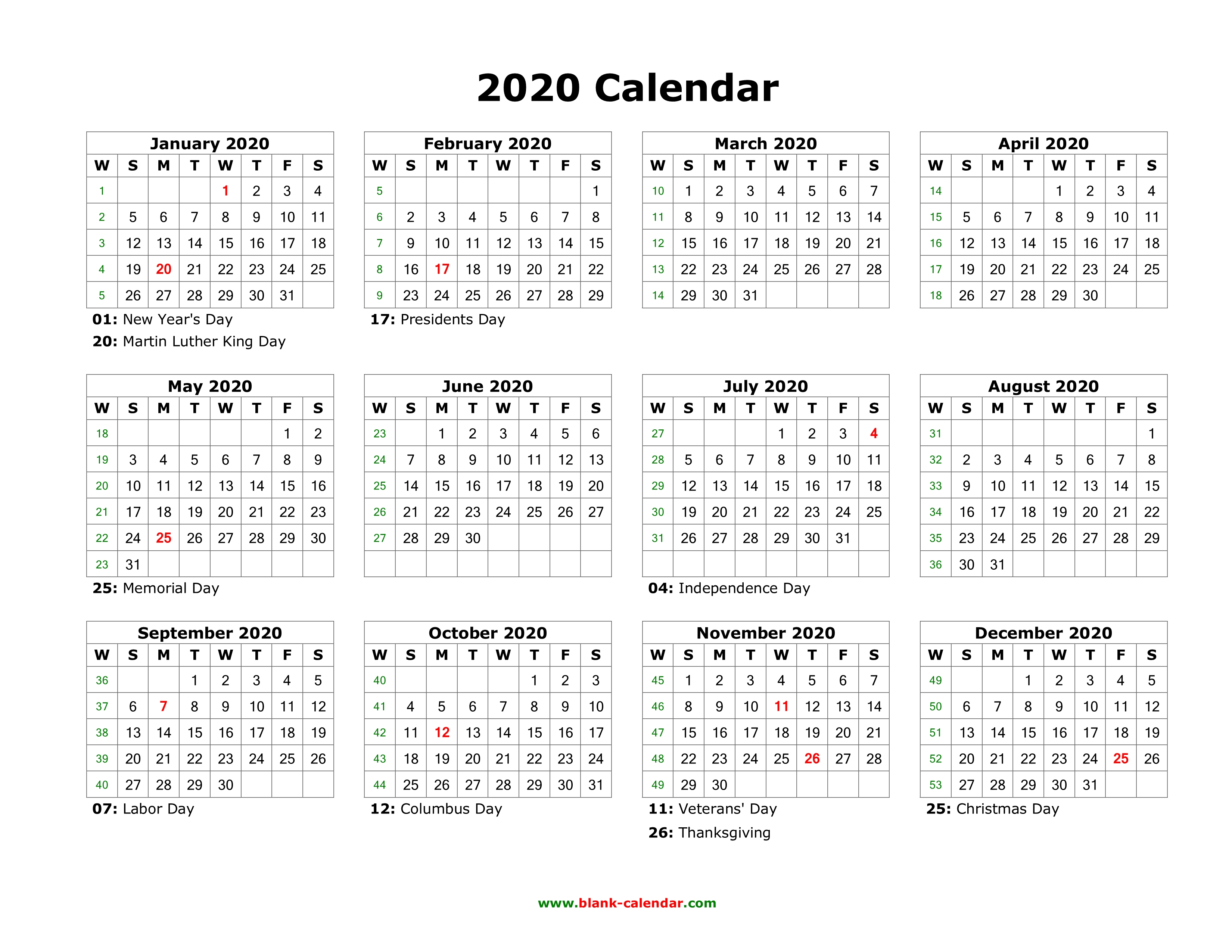 Blank 2020 Yearly Calendar  Yatay.horizonconsulting.co with Free Printable 5 Day Monthly Calendar 2020