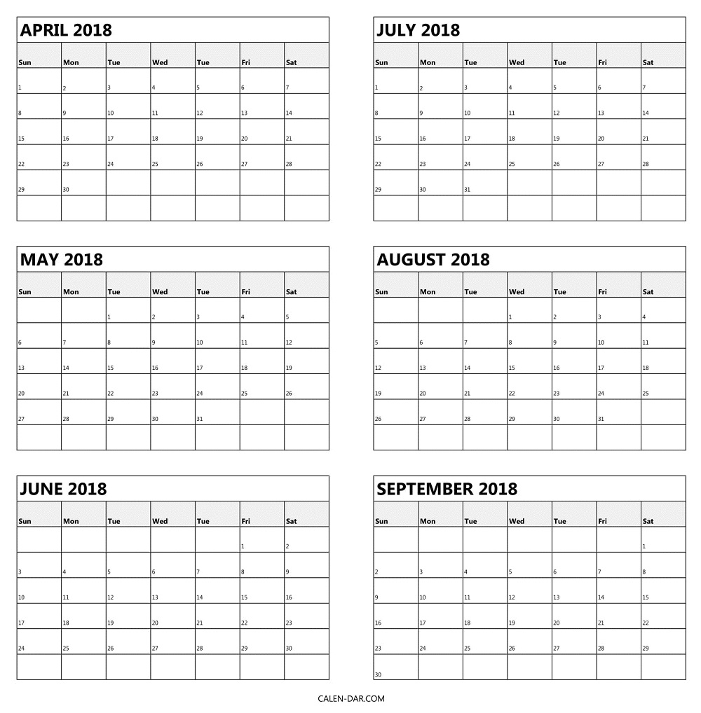 Blank April To September 2018 Calendar Printable | 6 Month regarding Blank 6 Month Calendar