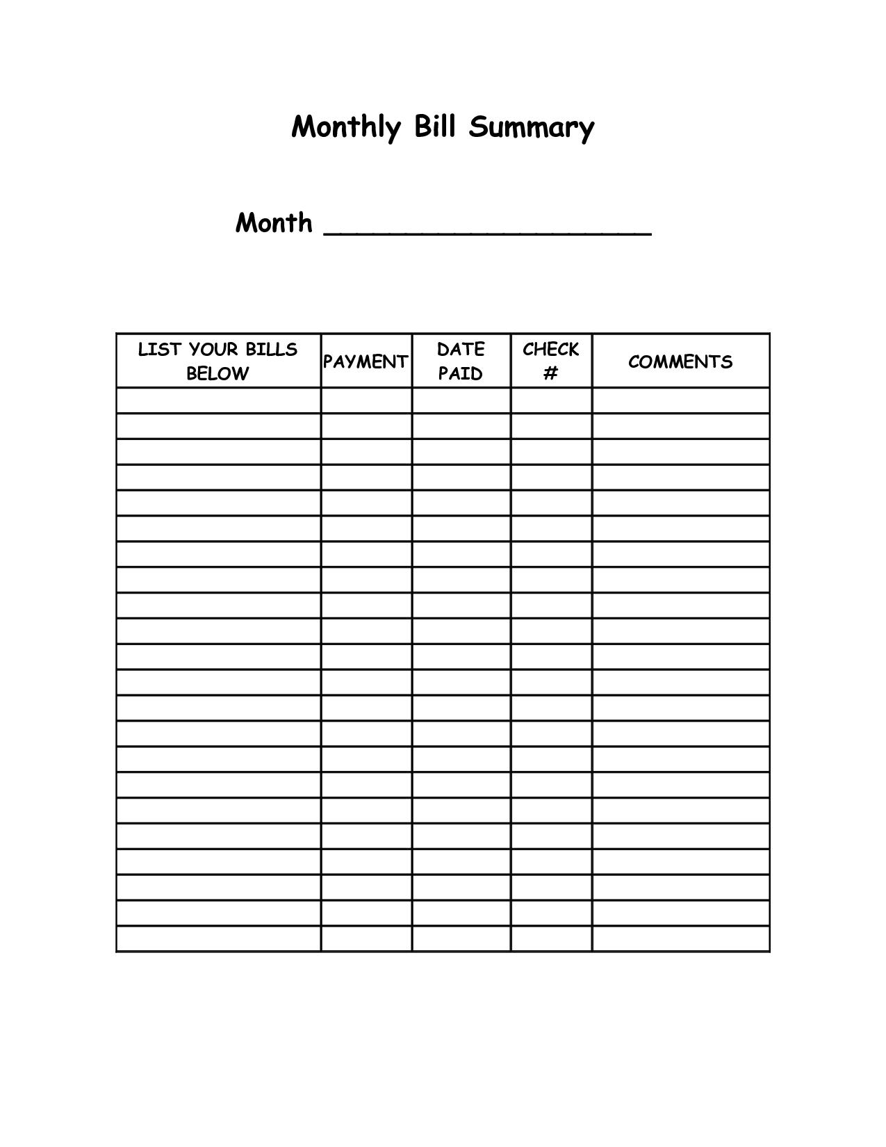 Blank Bill Worksheet | Monthly Bill Summary Month _____List regarding Free Printable Bill Payment Schedule