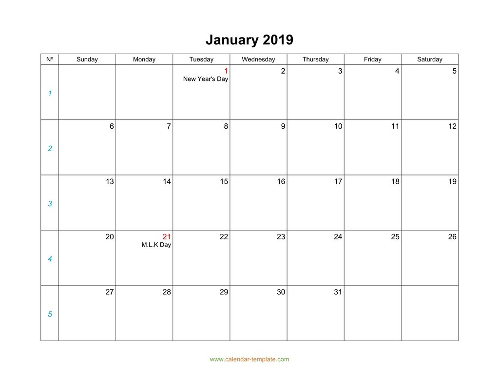 Blank Calendar 2019 with regard to Blank Calendar Monday Through Sunday