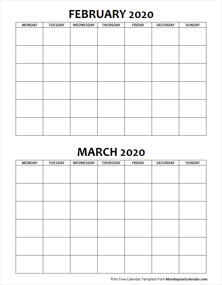 Blank February March 2020 Calendar Monday Start throughout February And March 2020