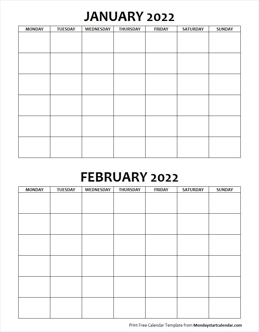 Blank January February 2022 Calendar Monday Start with regard to Blank Calendar Monday Through Sunday