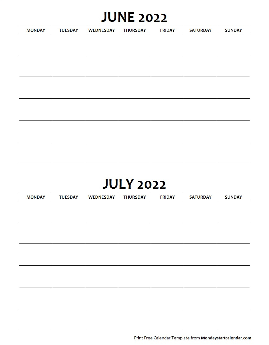 Blank June July 2022 Calendar Monday Start | Two Months Template in Blank Calendar Monday Through Sunday