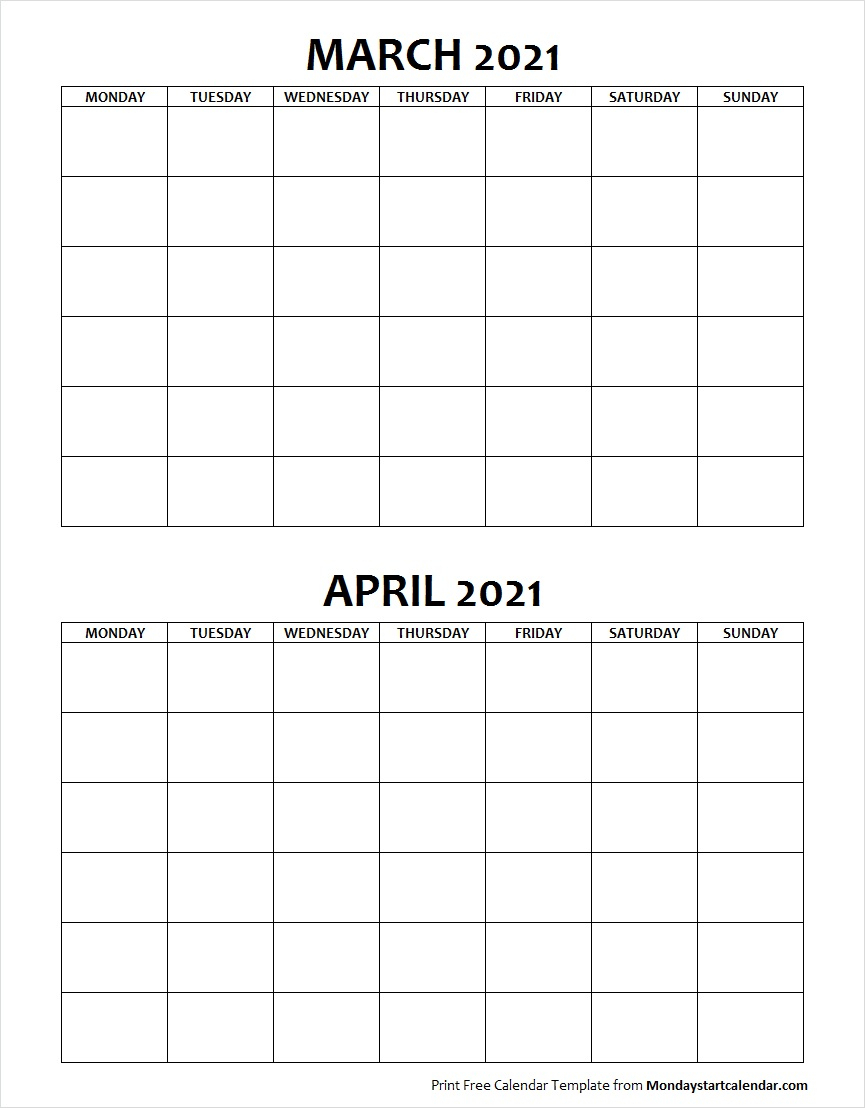 Blank March April 2021 Calendar Monday Start | Two Months with regard to Blank Calendar Monday Through Sunday