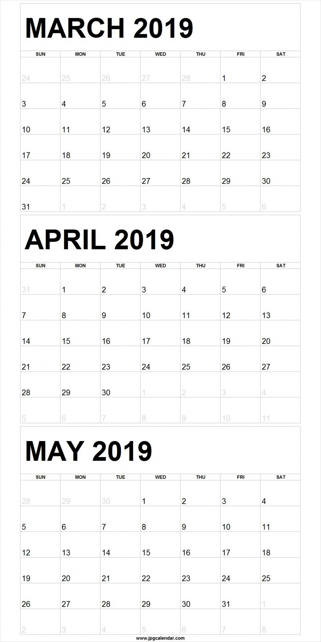 Blank March To May 2019 Calendar Printable | 3 Month with Printable Calendar 3 Month