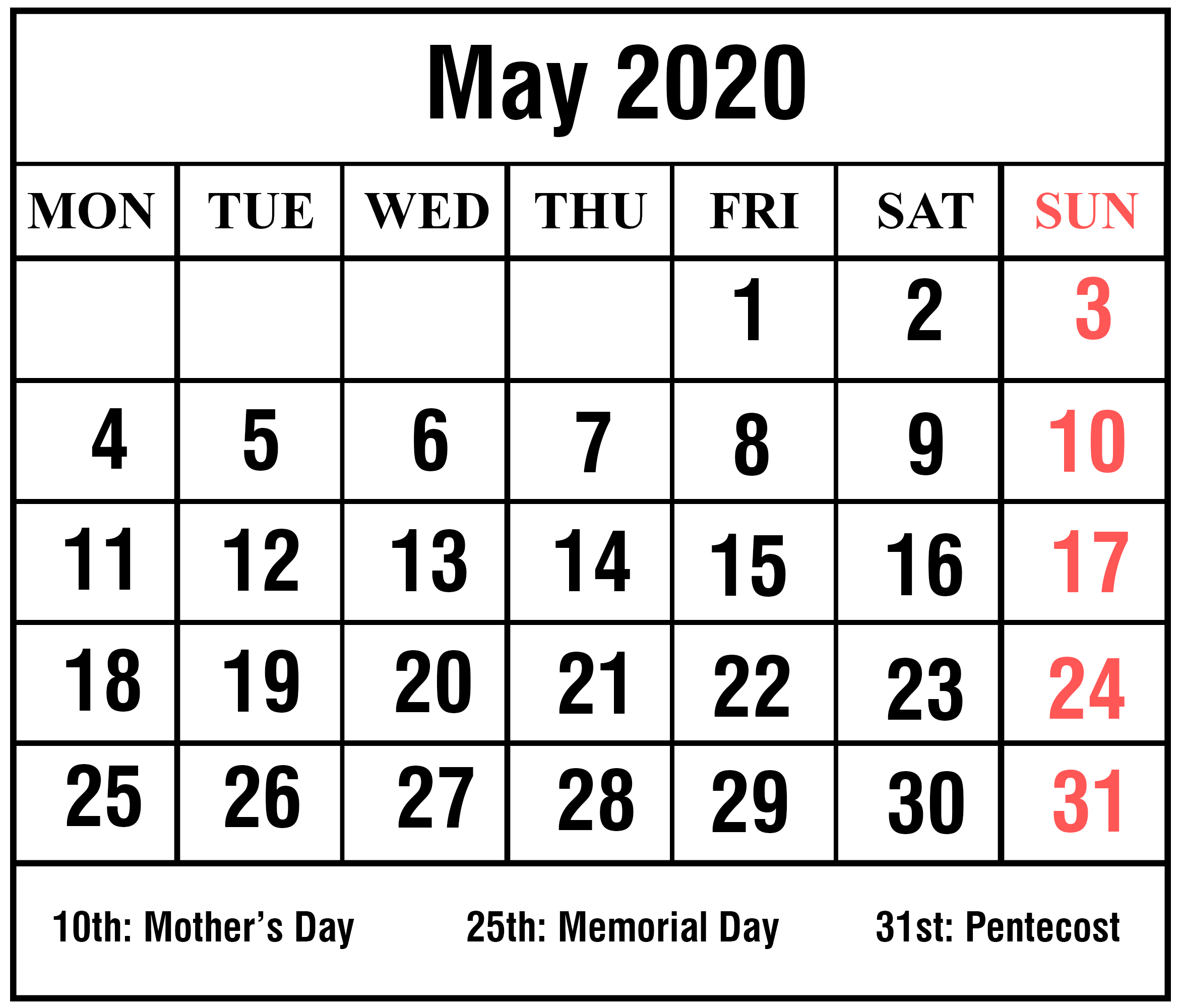Blank May Calendar 2020 Printable Template | Printable intended for Free Printable 5 Day Monthly Calendar 2020