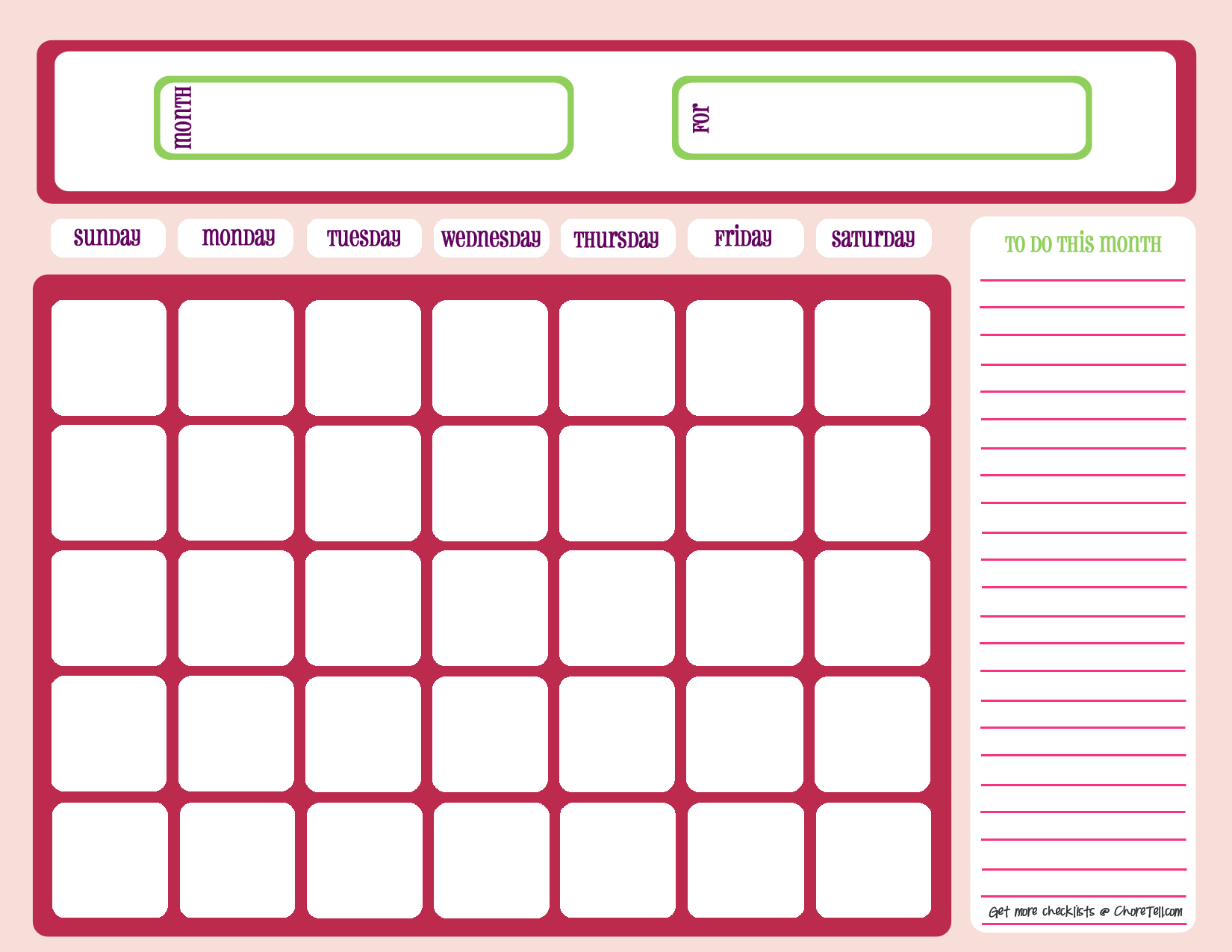 Blank Month Calendar  Pinks  Free Printable Downloads From regarding Blank One Month Calendar