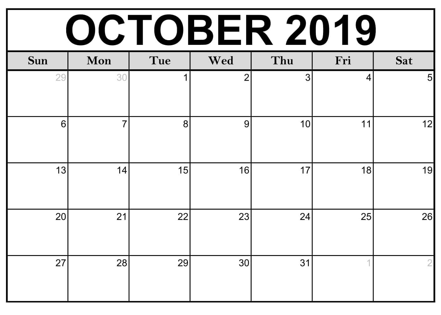 Blank October 2019 Calendar Printable Template  Latest throughout Google Calendar Printable Template