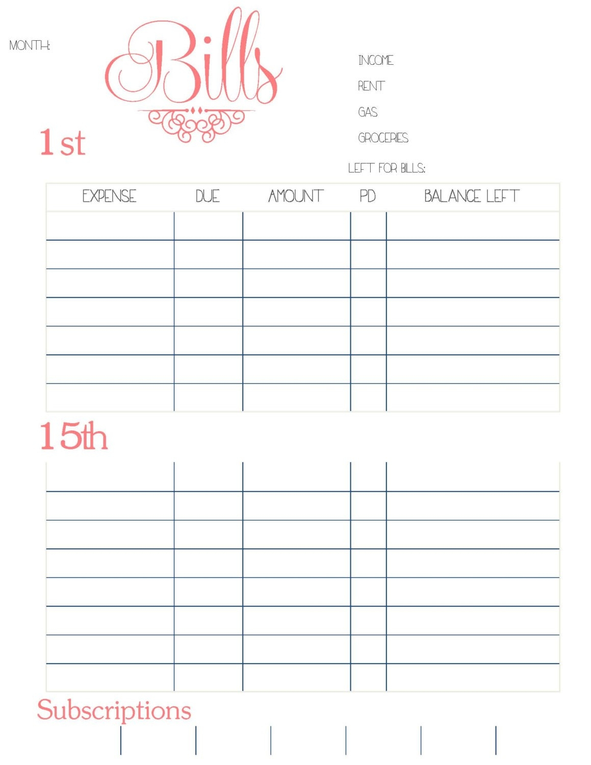 Blank Printable Monthly Bill Organizer | Example Calendar with Printable Bill Organizer