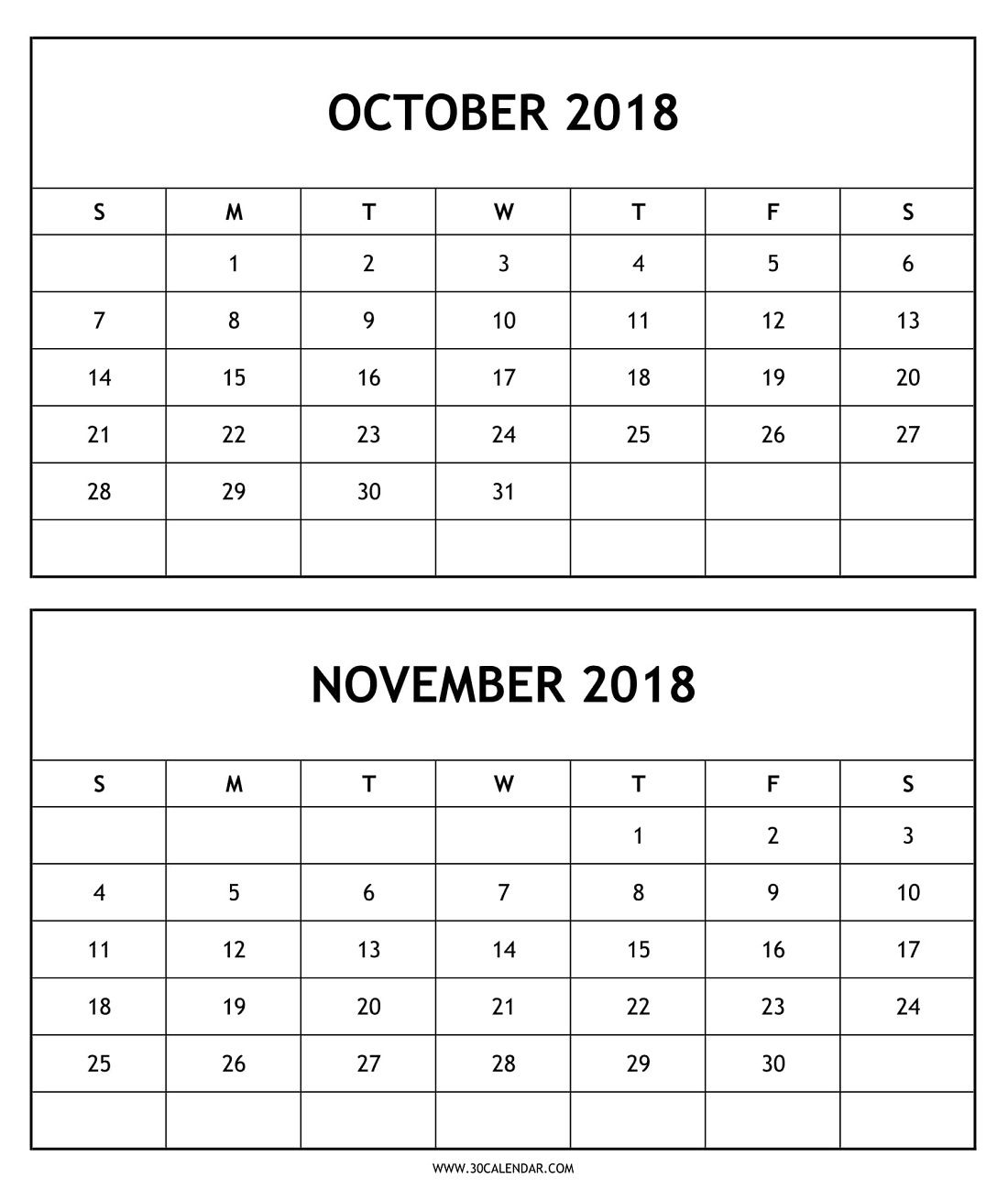 Blank Two Month Calendar 2018 October November To Print in Blank 2 Month Calendar