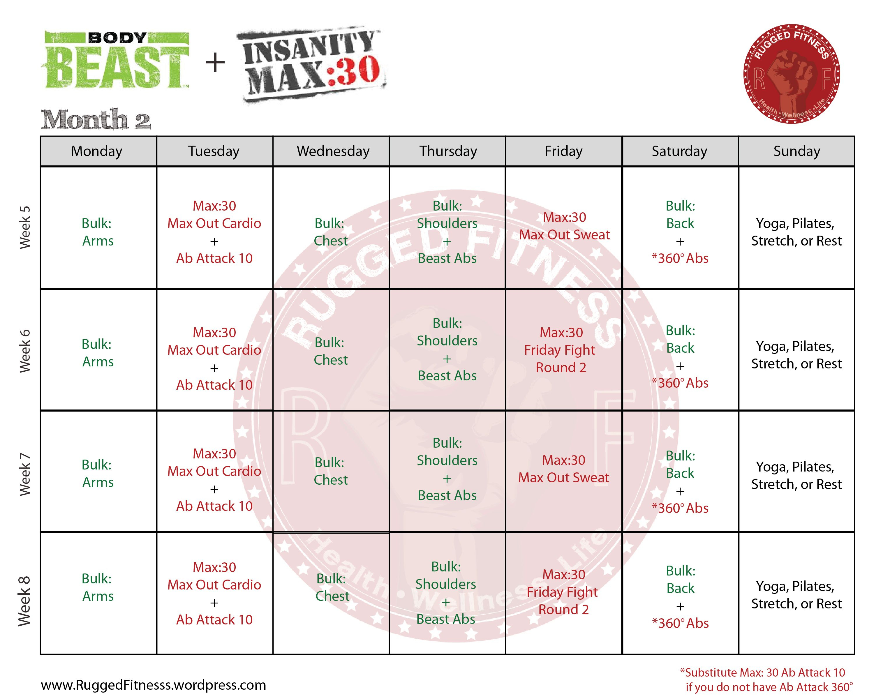Insanity Max 30 Body Beast Hybrid Calendar for Planning