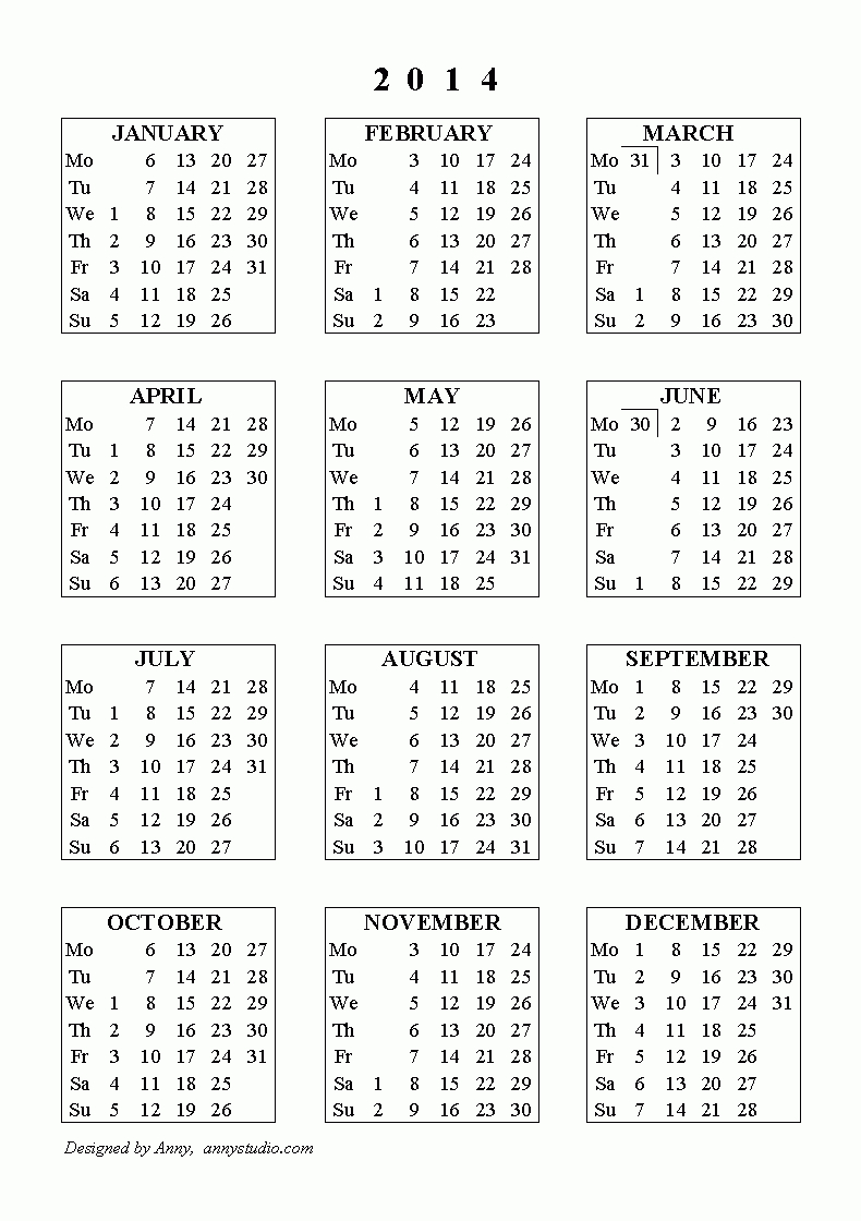 Calendar 2014 Printable One Page | Printable Calendars 2014 for Calendar 2014 Printable
