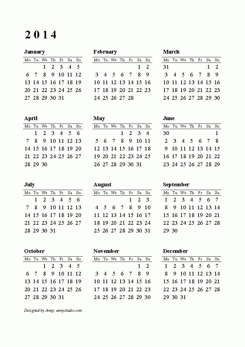 Calendar 2014 Printable One Page | Printable Calendars 2014 intended for Calendar 2014 Printable