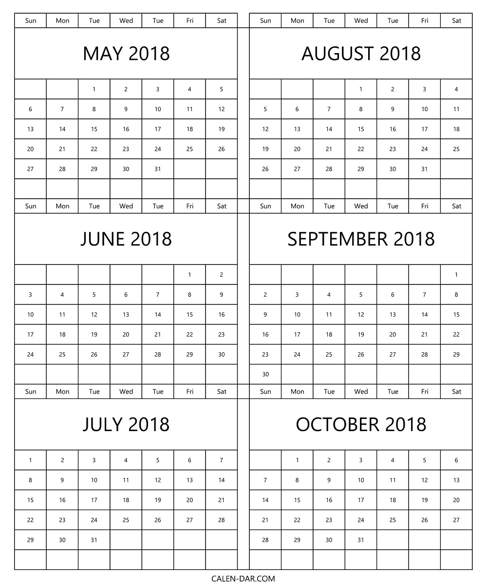 Calendar 2018 May To October Printable | 6 Months Template regarding Printable 6 Month Calendar