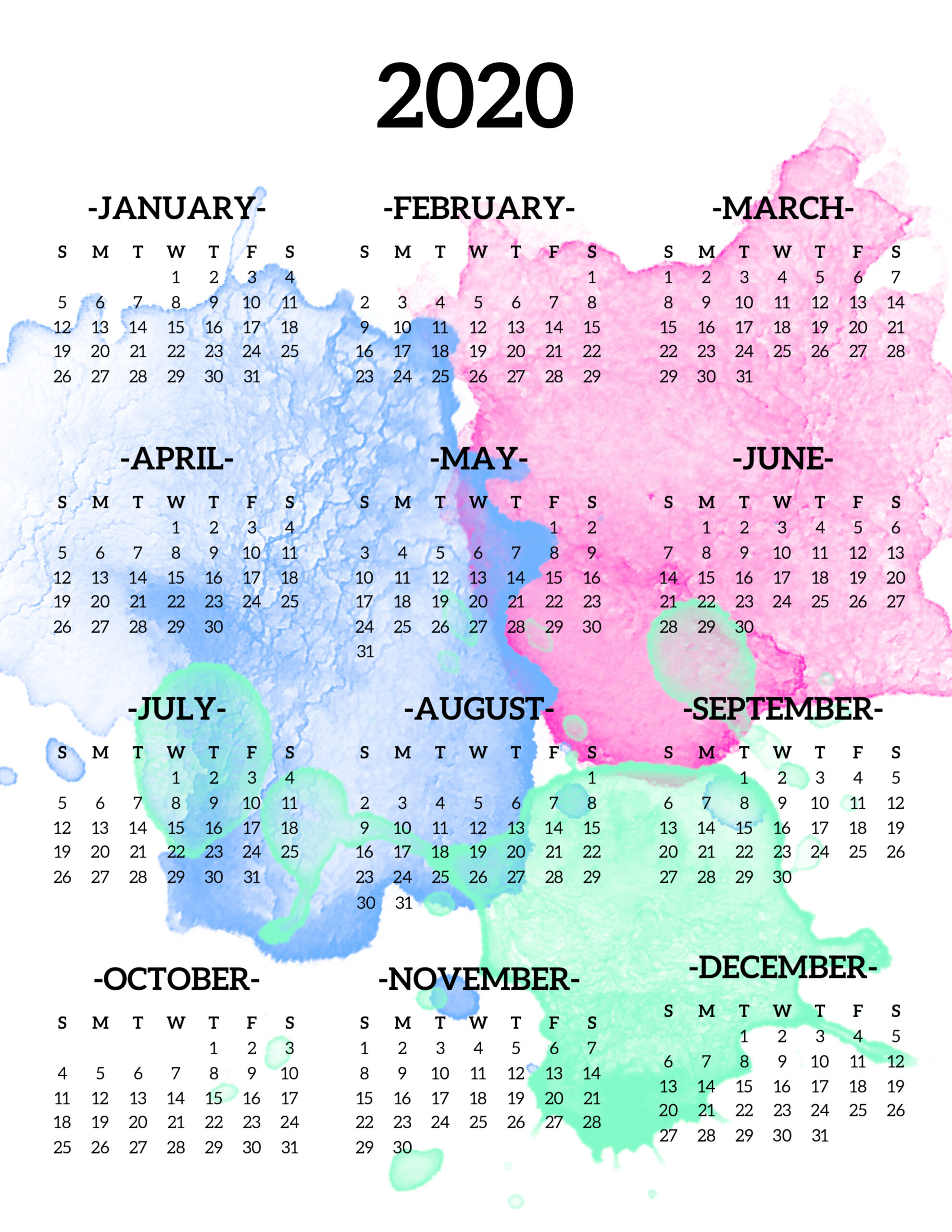Calendar 2020 Printable One Page  Paper Trail Design intended for 2020 Year At A Glance Printable