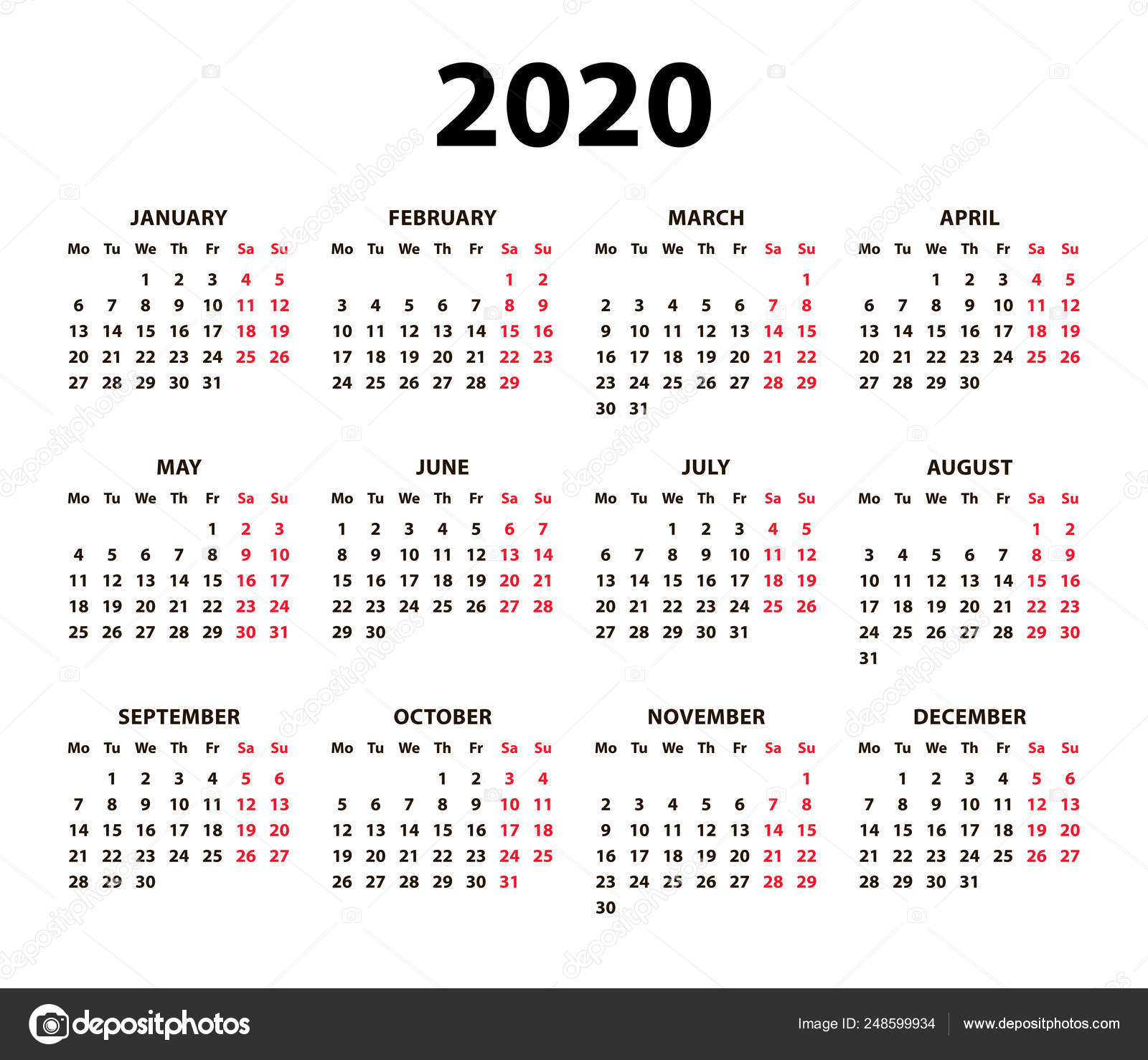 Calendar 2020 Vector Basic Grid. Simple Design Template within 2020 Calendar Vector Free