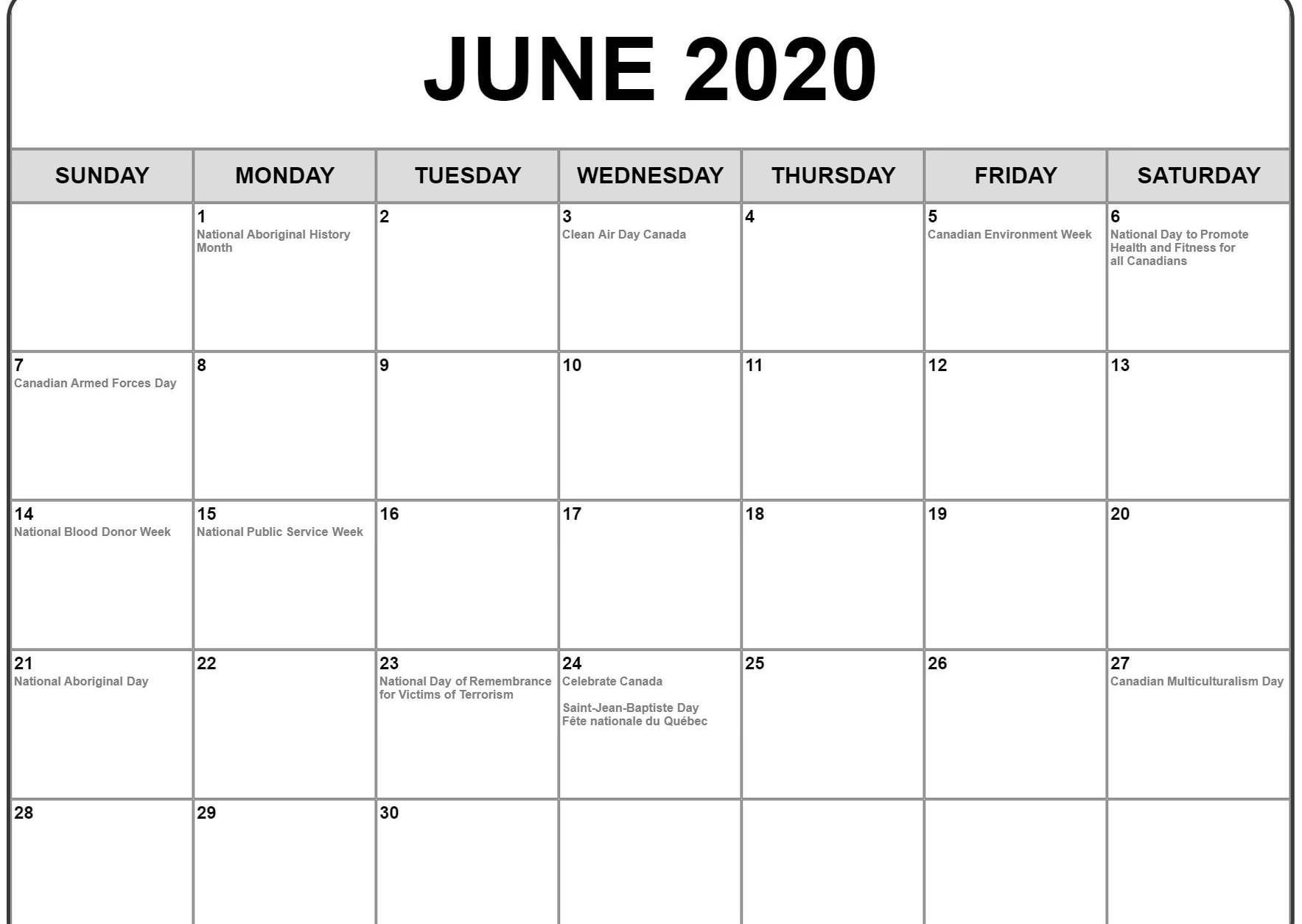Calendar Of National Days June 2020 | Example Calendar Printable inside National Days June 2020