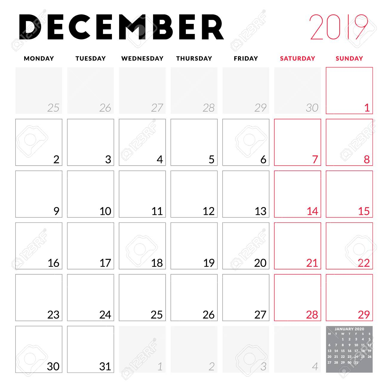 Calendar Planner For December 2019. Week Starts On Monday. Printable.. within Blank Calendar Starting With Monday