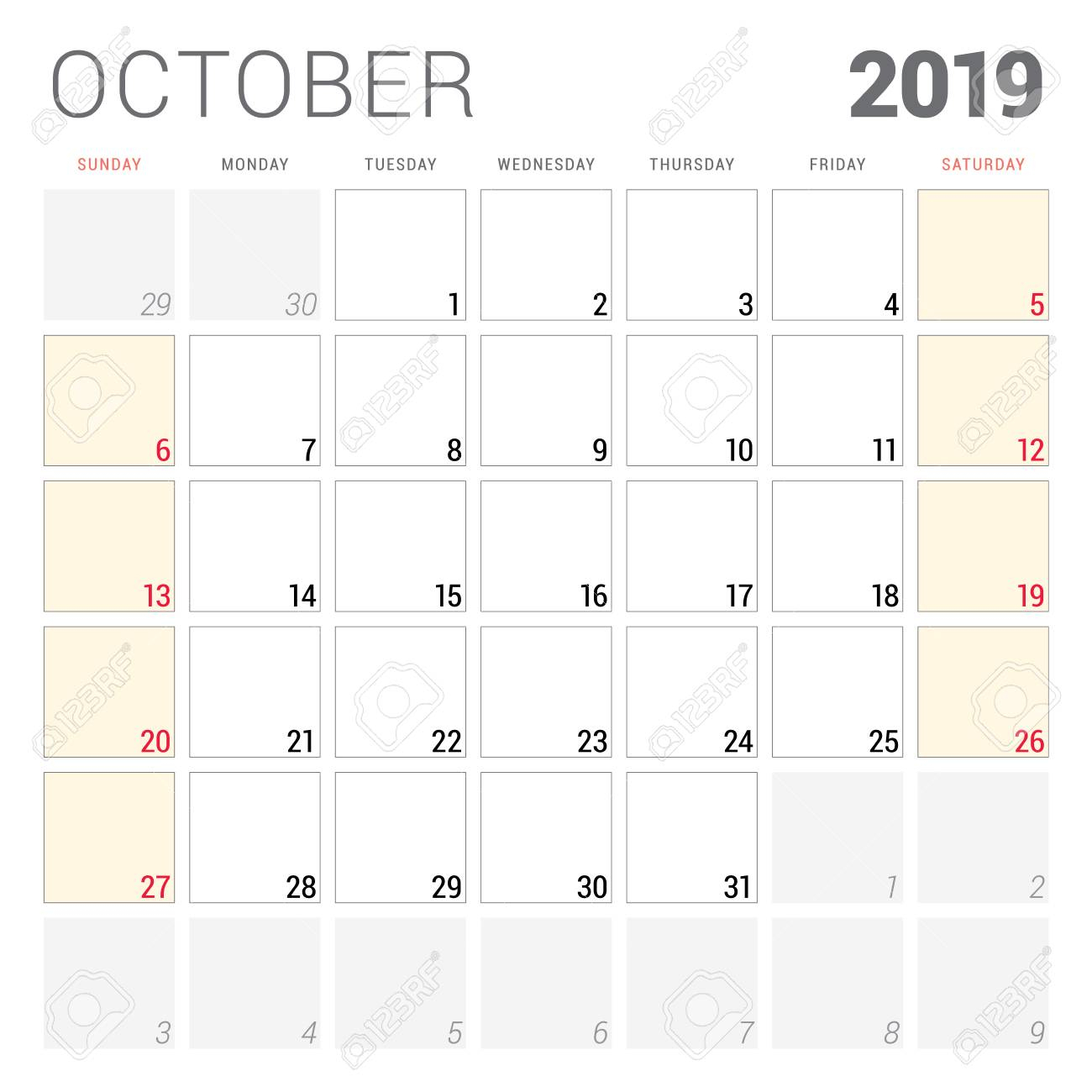 Calendar Planner For October 2019. Week Starts On Sunday. Printable Vector  Stationery Design Template within Printable Week Calendar