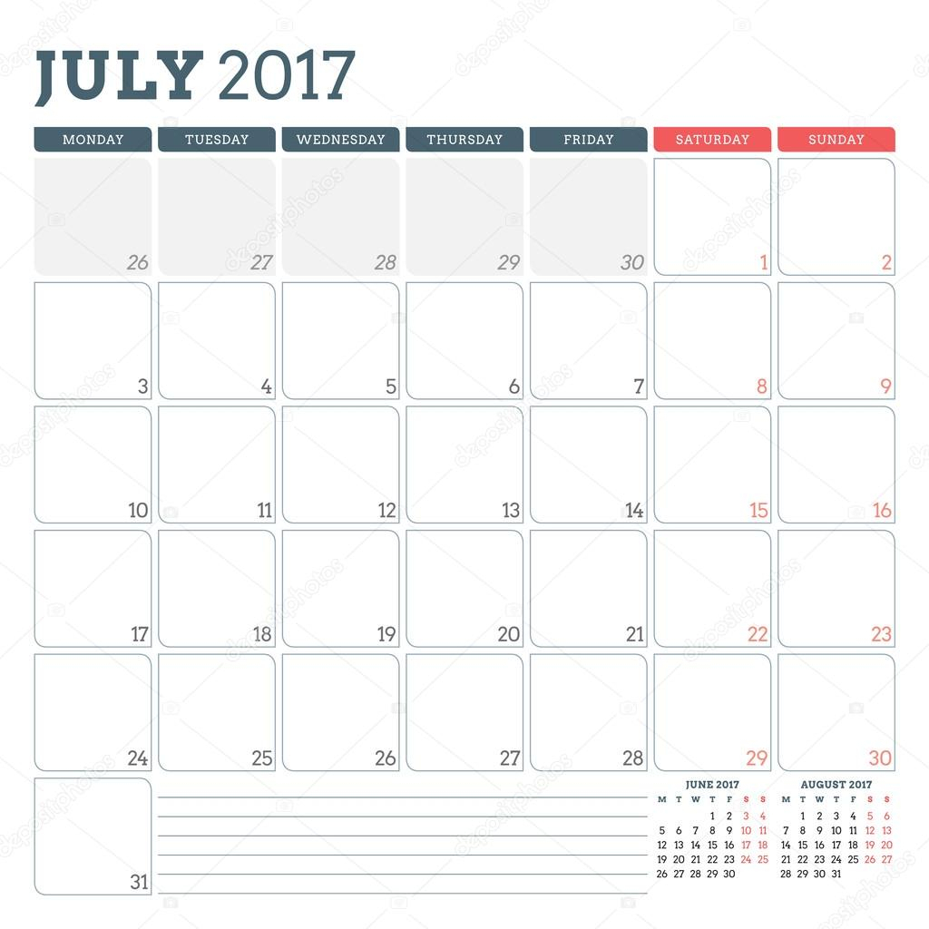 Calendar Planner Template For July 2017. Week Starts Monday for Monday To Friday Planner Template