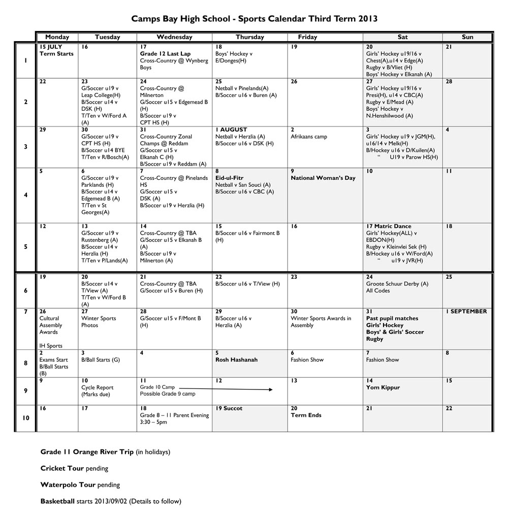 Camps Bay High School: Cbhs Sports Fixtures Calendar 3Rd for Third Term School Calendar