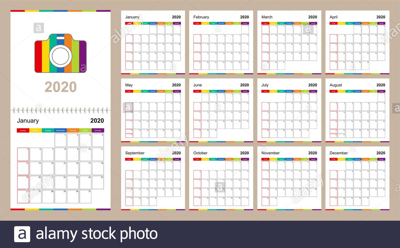 Colorful Wall Calendar For 2020 On Beige Background, Week with regard to 12X12 Calendar Template