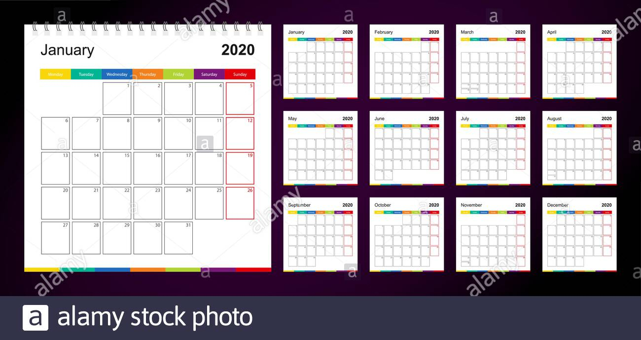 Colorful Wall Calendar For 2020 On Dark Background, Week with regard to 12X12 Calendar Template