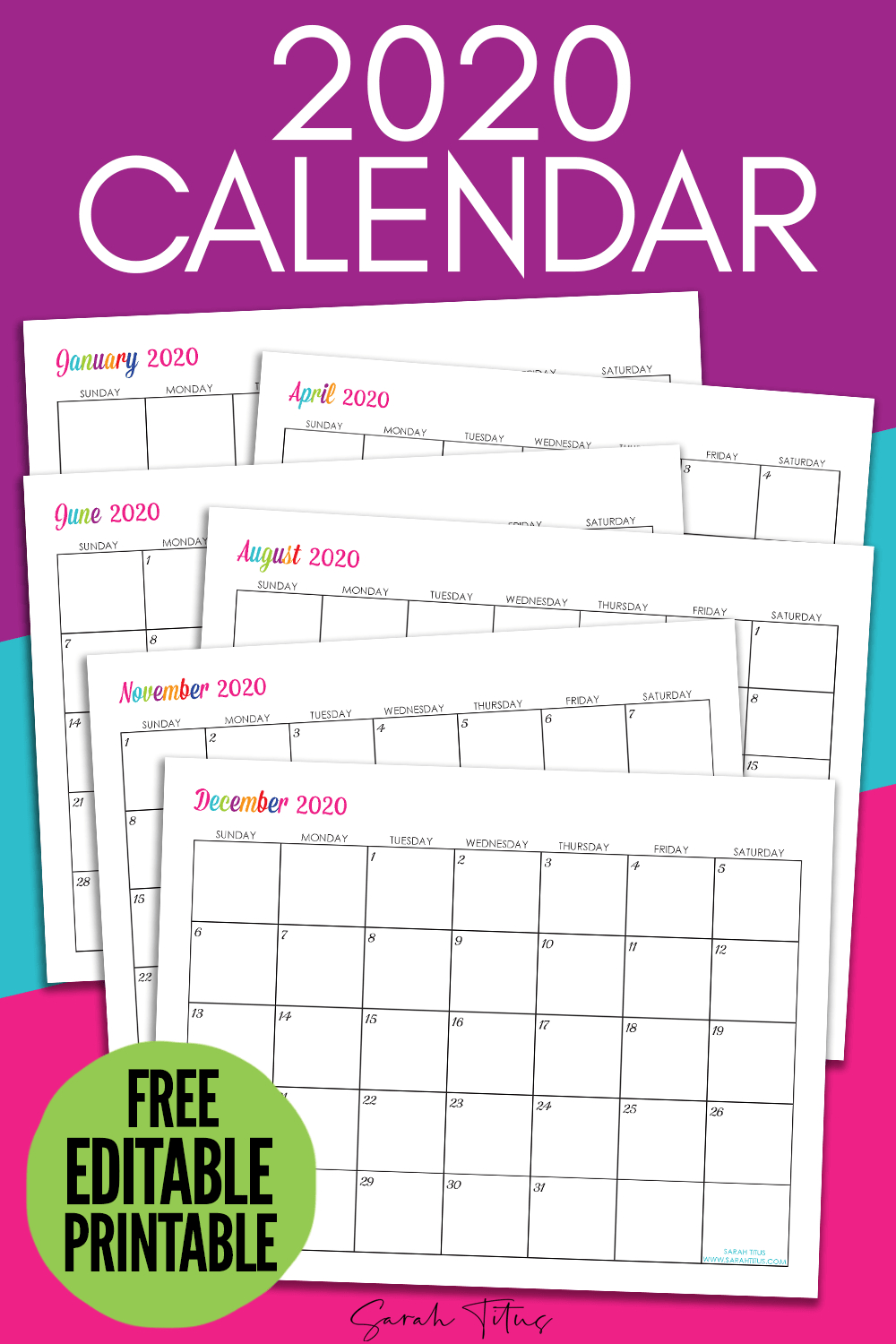 Custom Editable 2020 Free Printable Calendars  Sarah Titus intended for Sarah Titus Calendar
