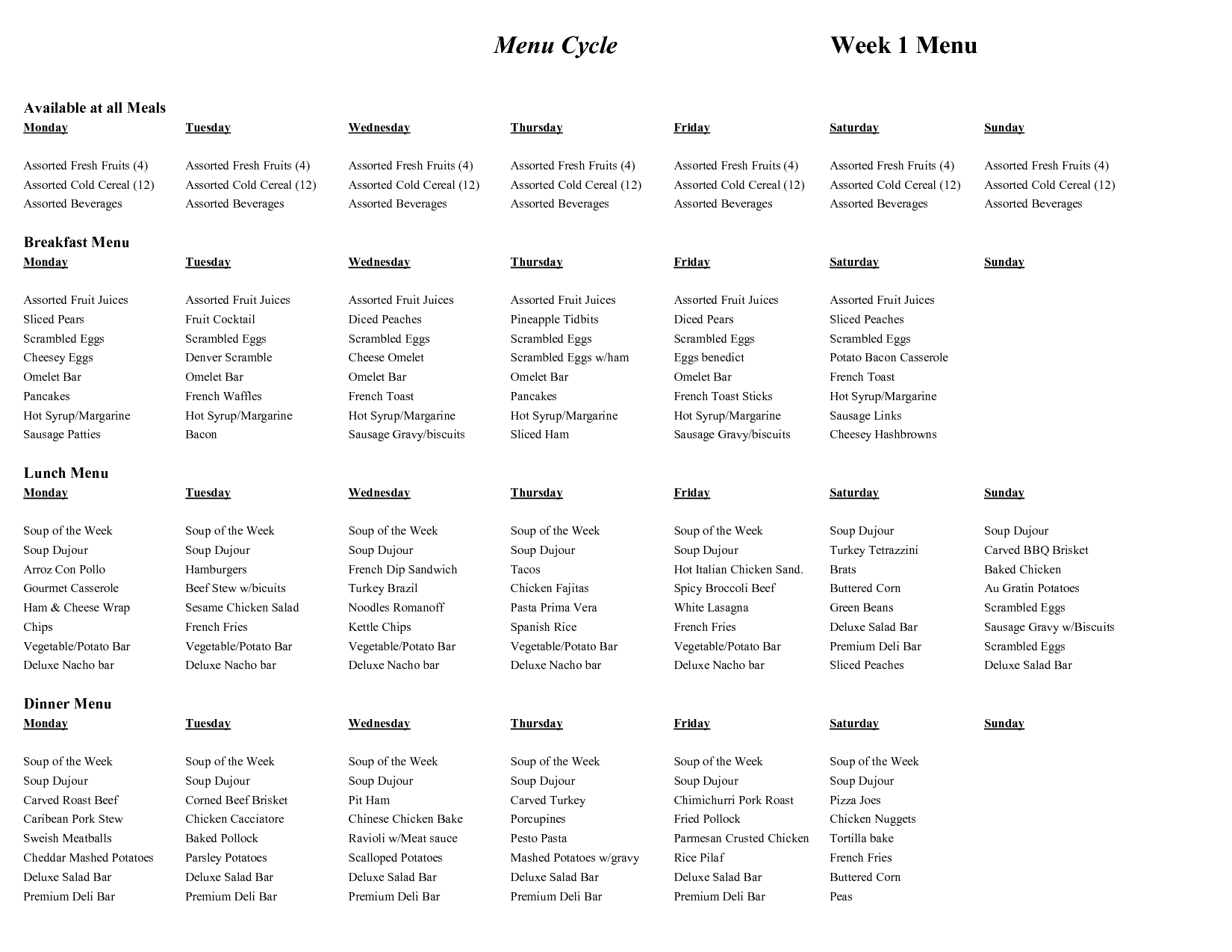 Cycle Menu Template | Menu Cycle Week 1 Menu | Menu Template inside Cycle Menu Template