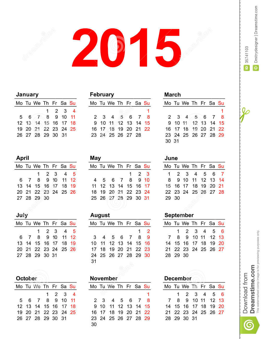 Европейский Календарь 2015  Вертикаль Иллюстрация Вектора with regard to Calendario 2015 Para Imprimir