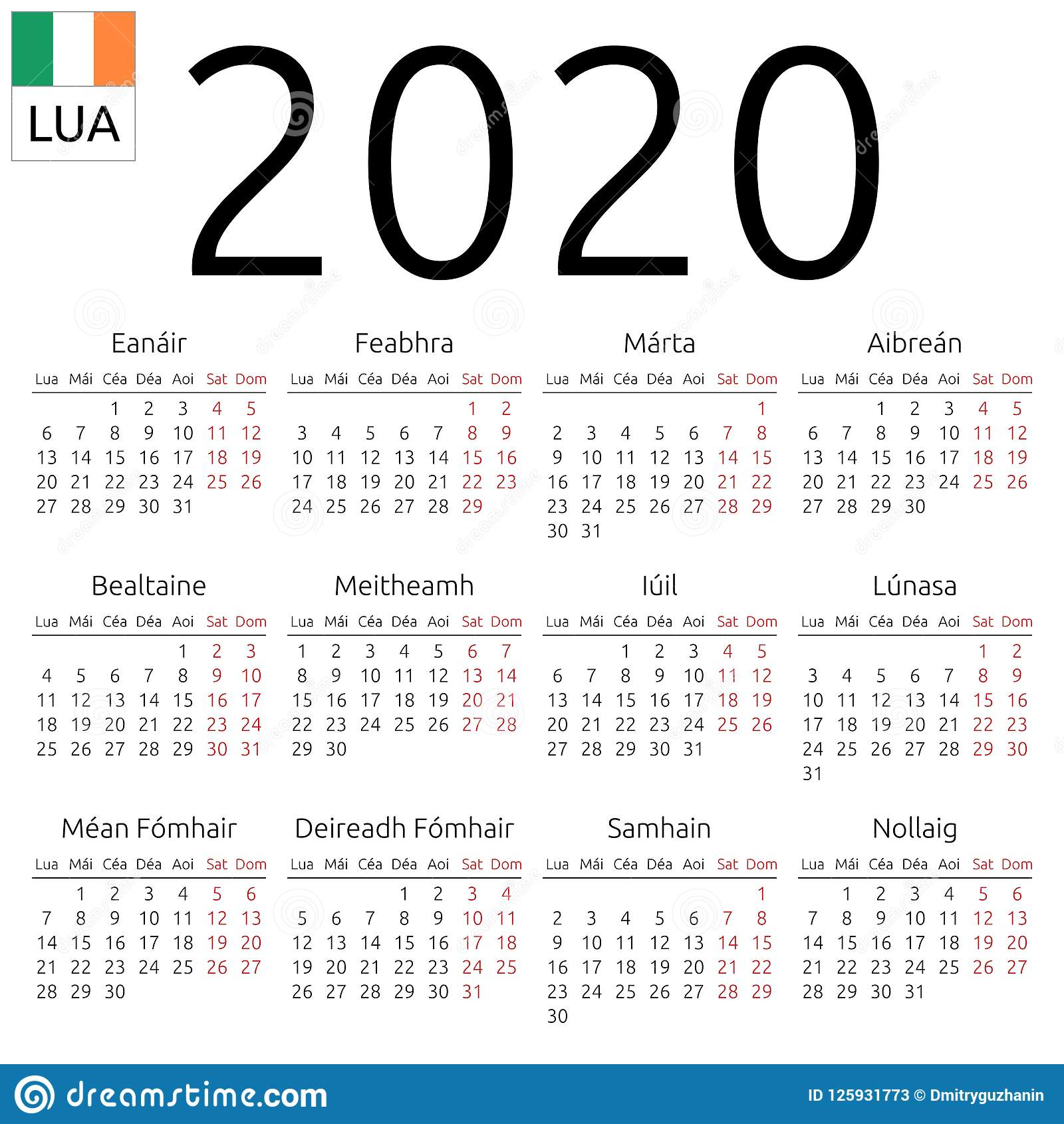 Календарь 2020, Ирландский, Понедельник Иллюстрация Вектора pertaining to Calendar Kuda 2020