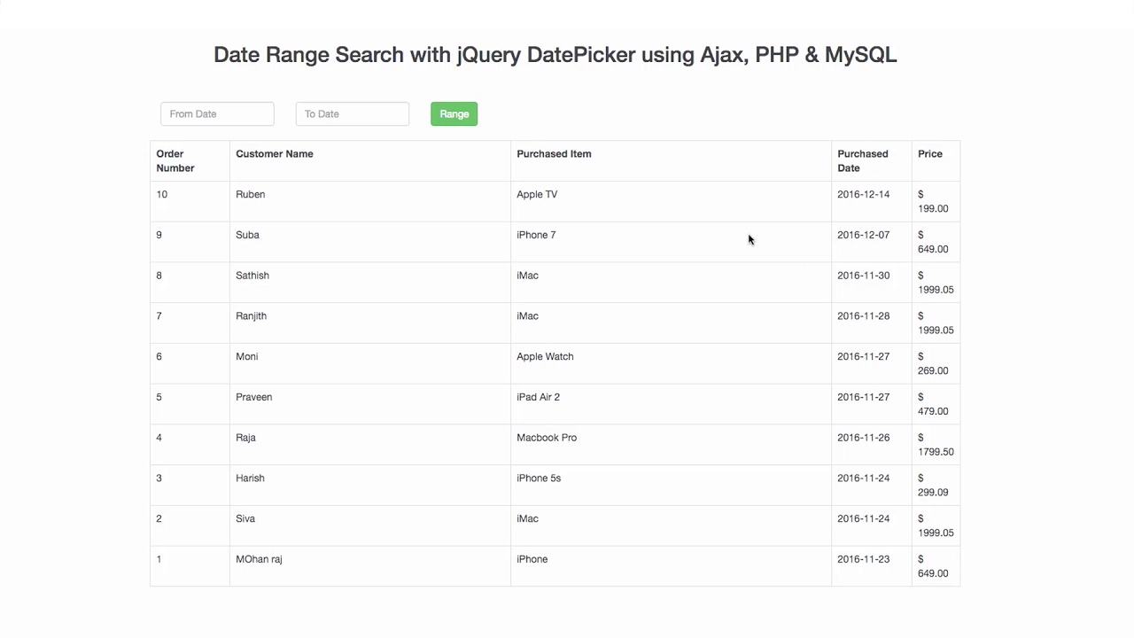 Date Range Search With Jquery Datepicker Using Ajax, Php &amp; Mysql | Part  2 within Php Calendar Date Picker