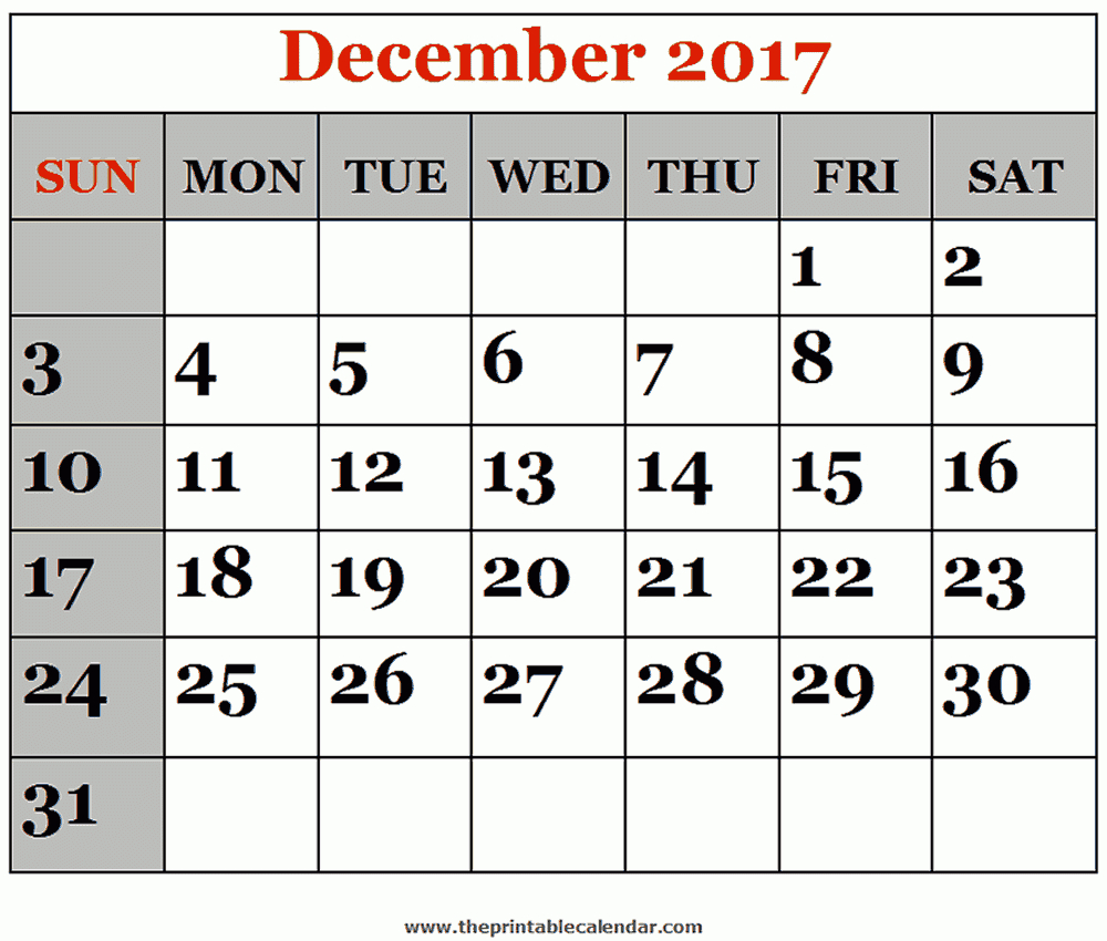 December 2017 Printable Calendars in December 2017 Calendar Printable