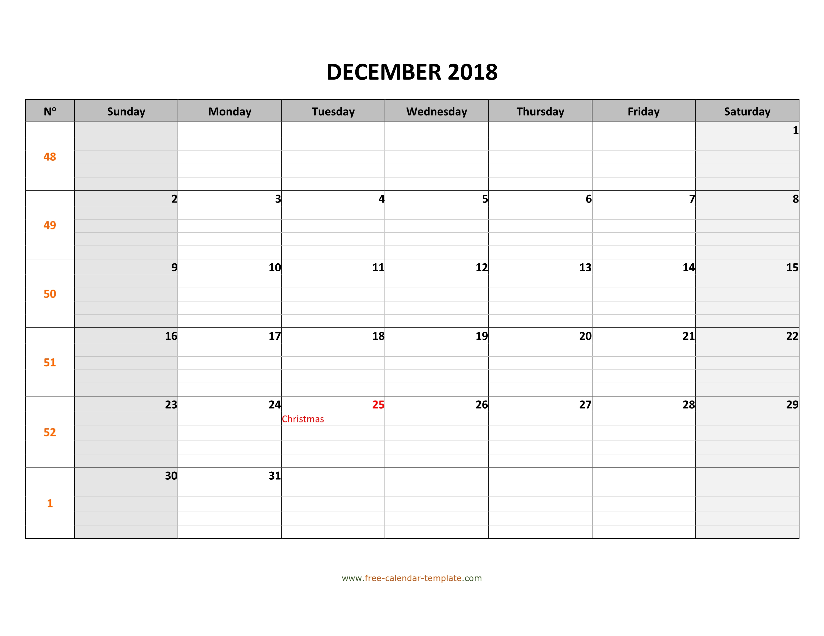 December 2018 Calendar Free Printable With Grid Lines throughout Calendar Template With Lines