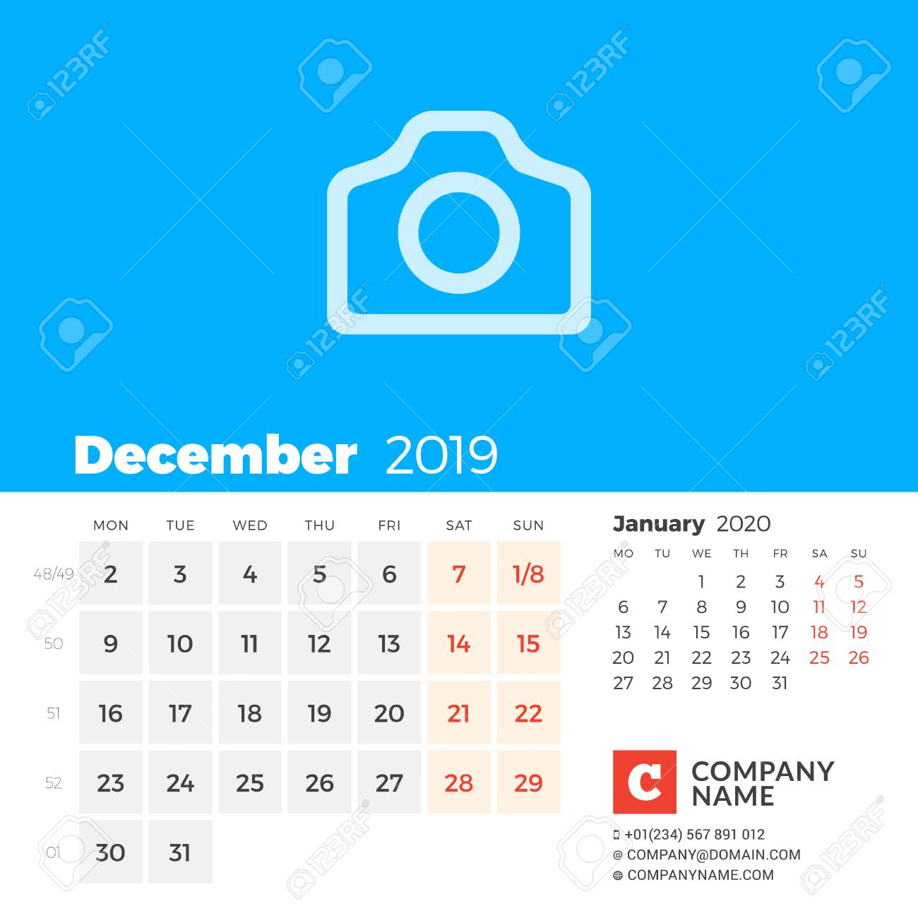 December 2019. Calendar For 2019 Year. Week Starts On Monday. 2 Months On  Page. Vector Design Print Template With Place For Photo And Company for Print 2 Week Calendar