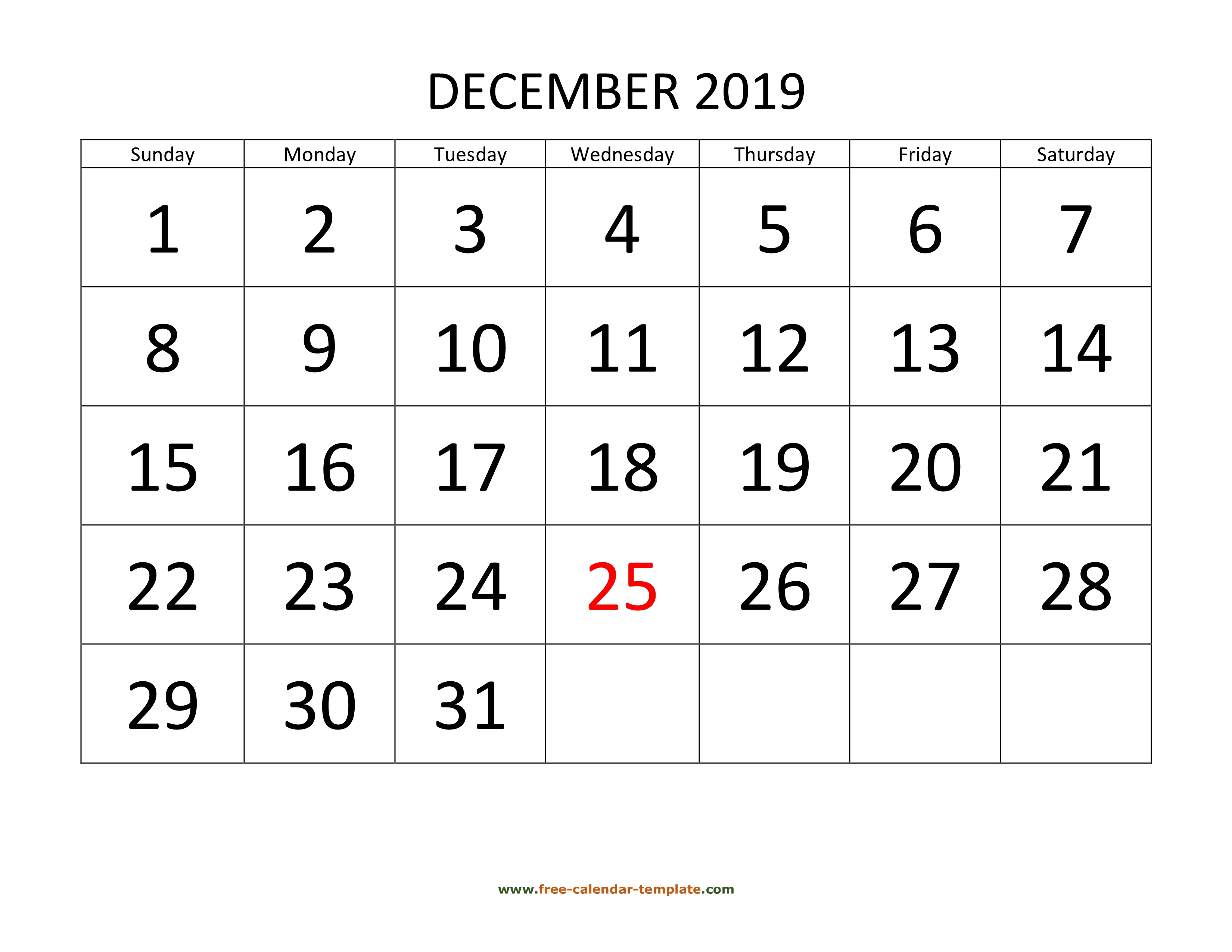 December 2019 Free Calendar Tempplate | Freecalendar intended for Large Grid Calendar Printable