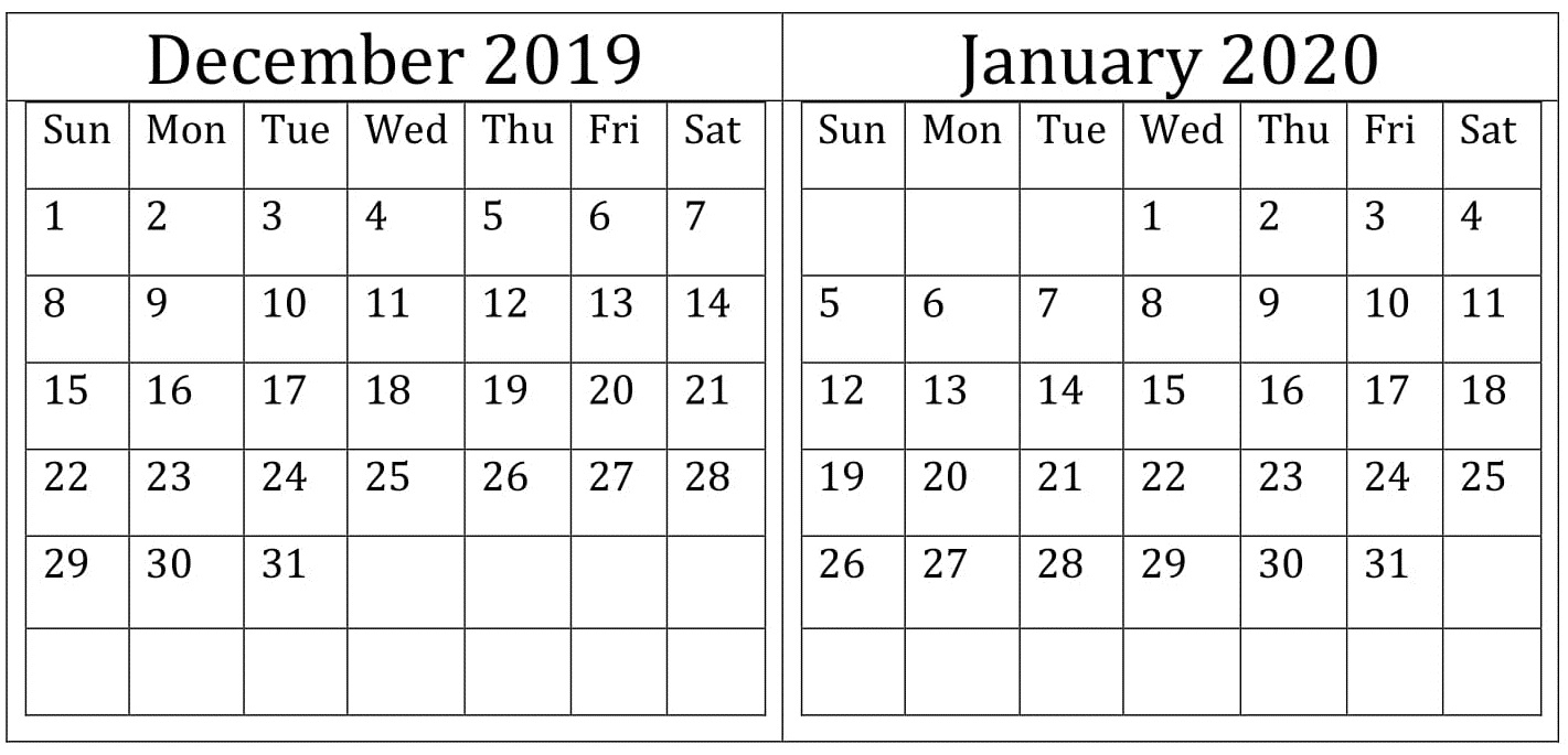 December January 2020 Calendar Excel, Word Printable in November Calendar Excel 2020