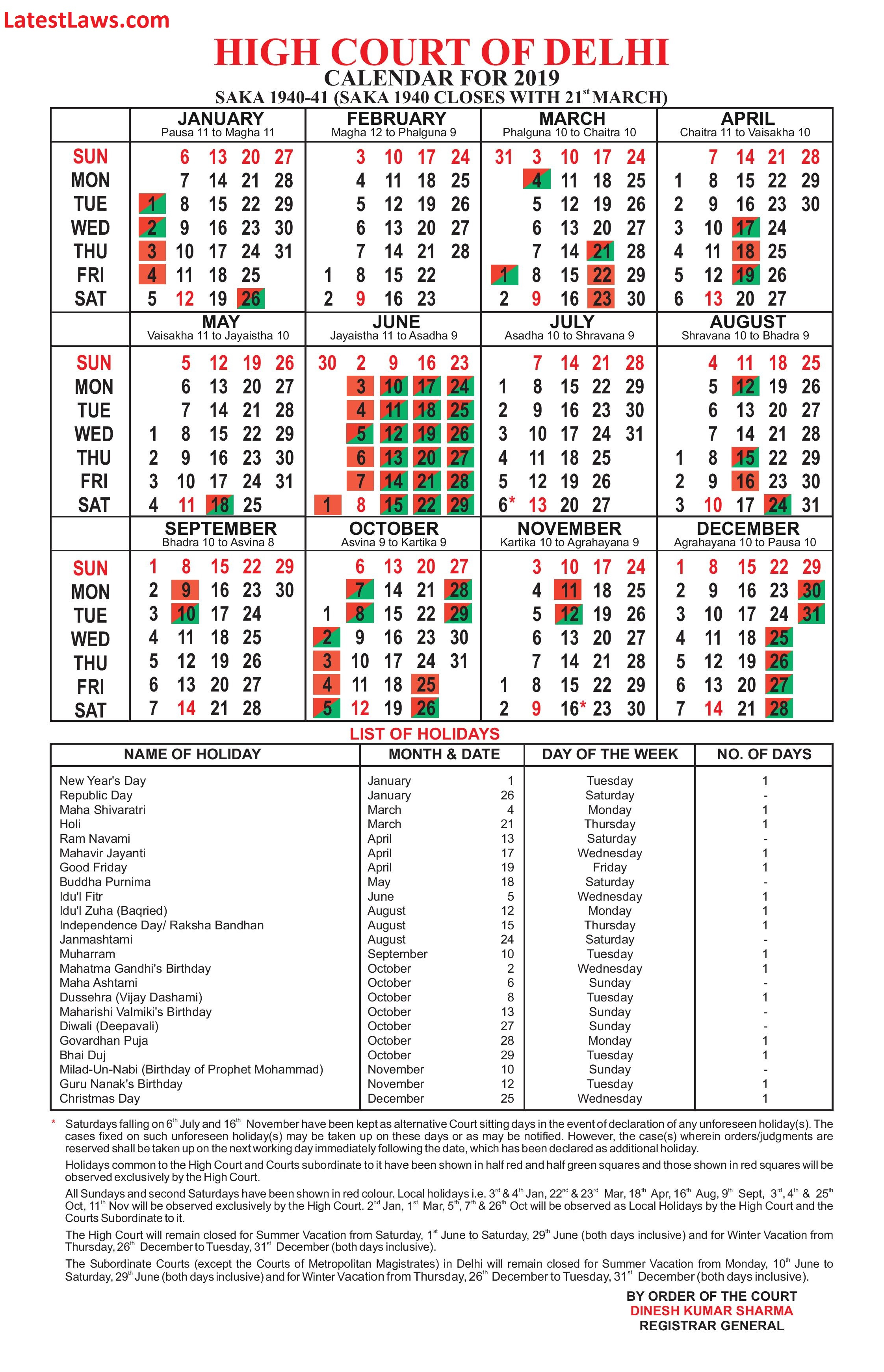 Delhi High Court Calendar 2019 with regard to Kerala High Court Calendar