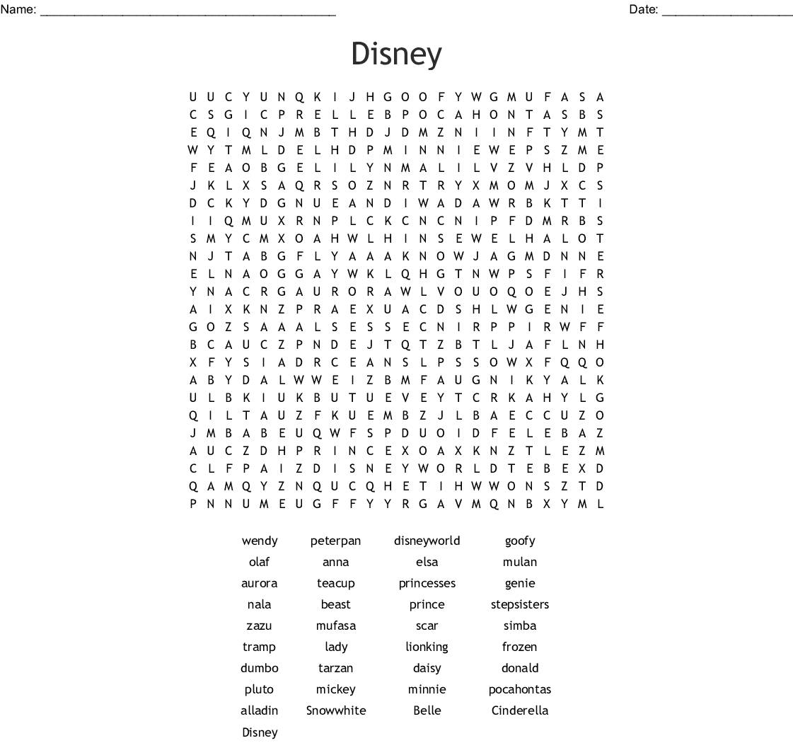 Disney Films Word Search  Wordmint regarding Disney Princess Word Search