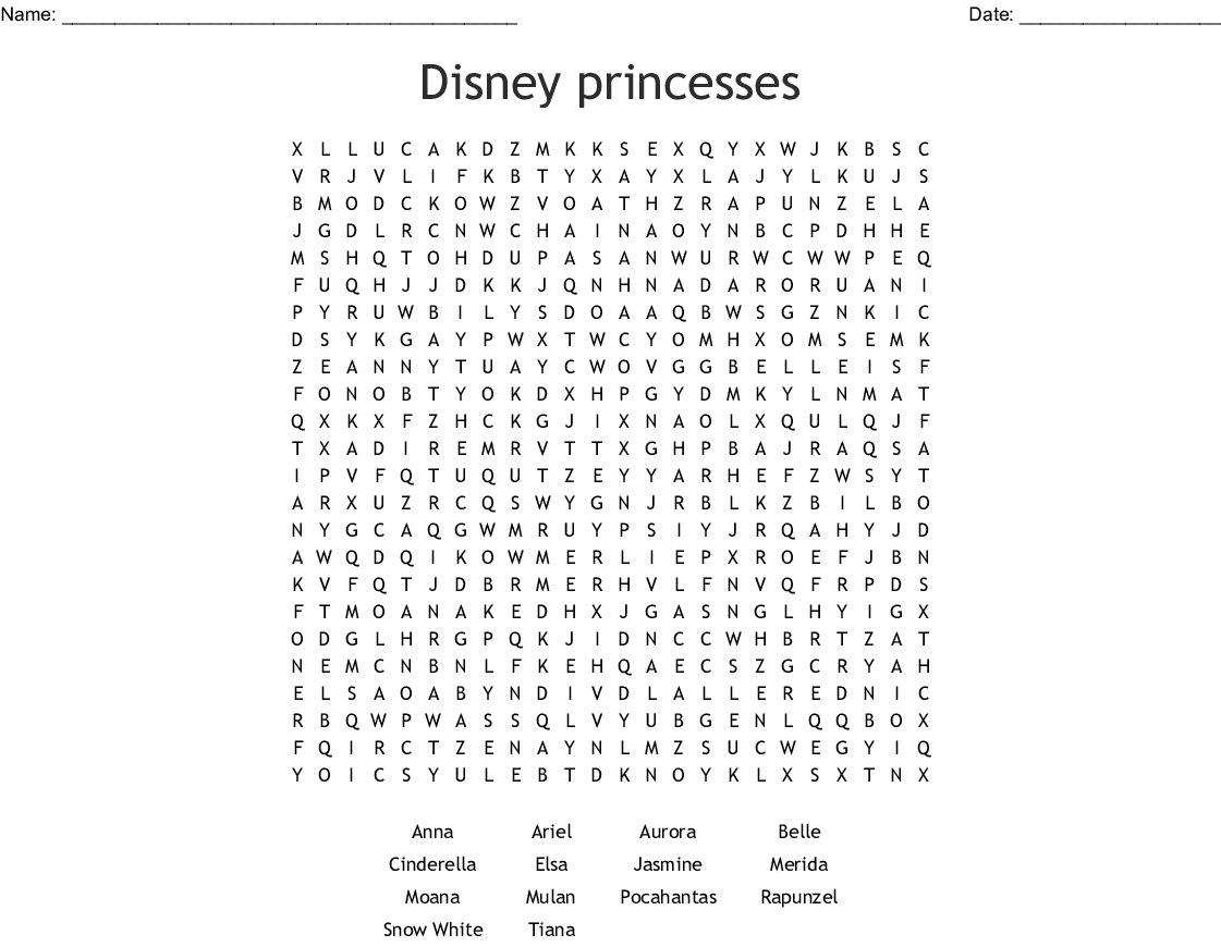 Disney Movies Crossword  Wordmint within Disney Princess Word Search