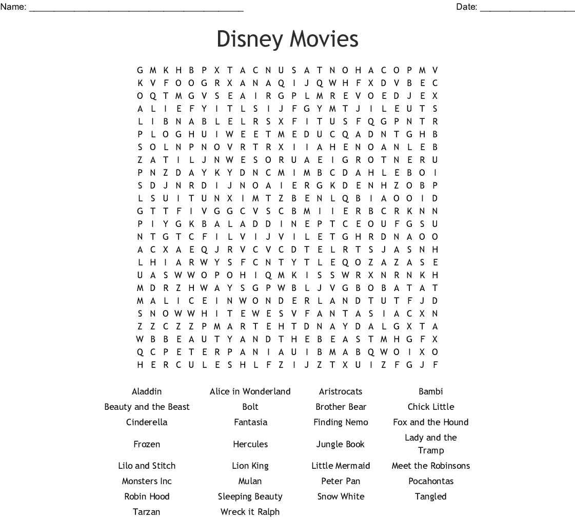 Disney Movies Word Search  Wordmint within Free Disney Word Search
