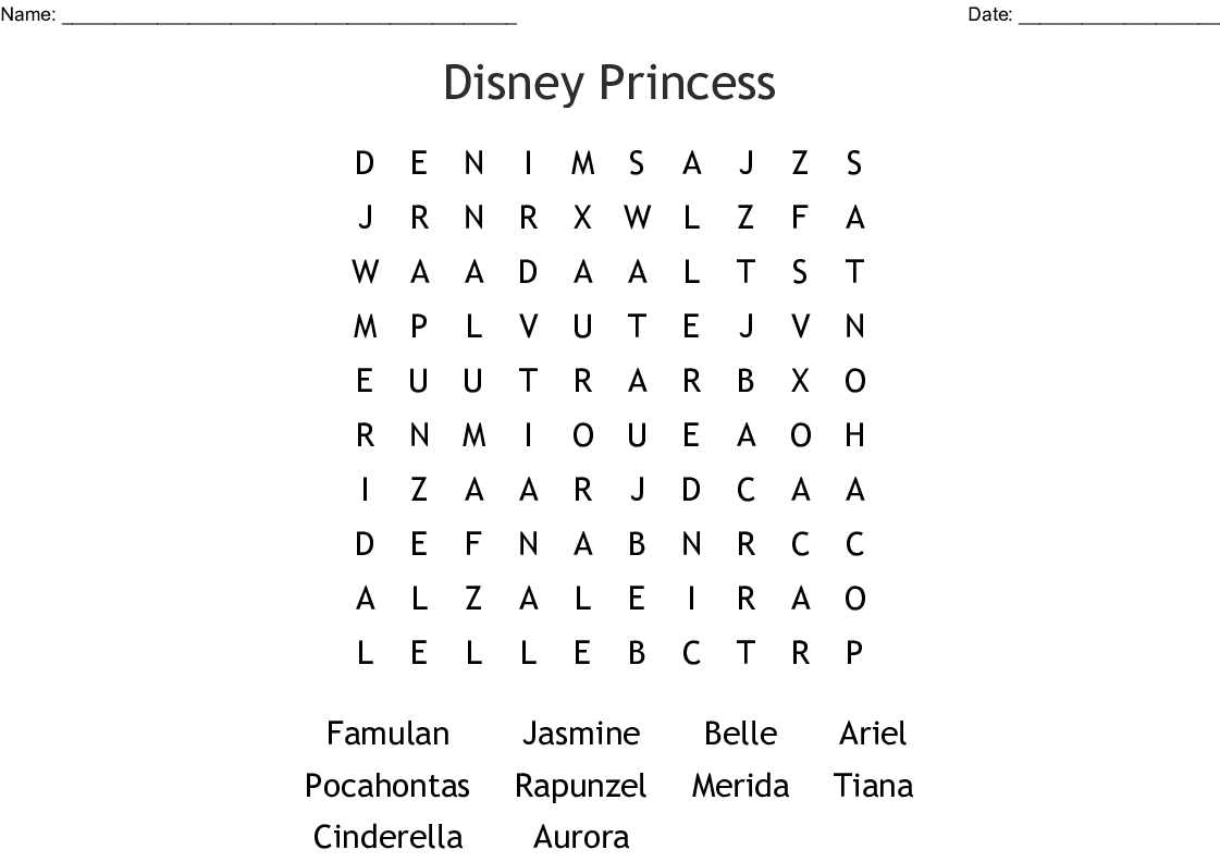 Disney Princess Word Search  Wordmint with Disney Princesses Word Search