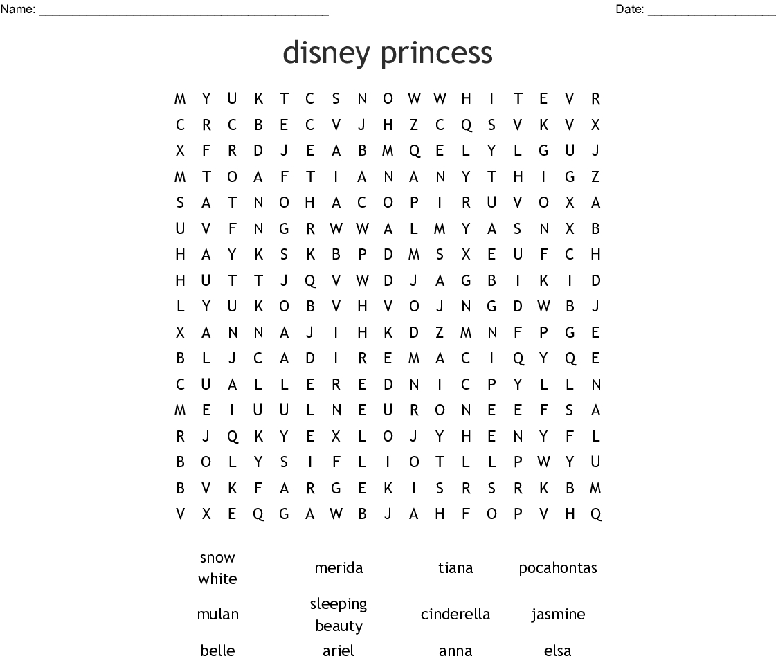 Disney Princess Word Search  Wordmint within Disney Princess Word Search