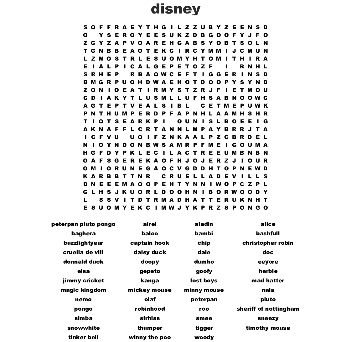 Disney Word Search  Wordmint with Printable Disney Word Search